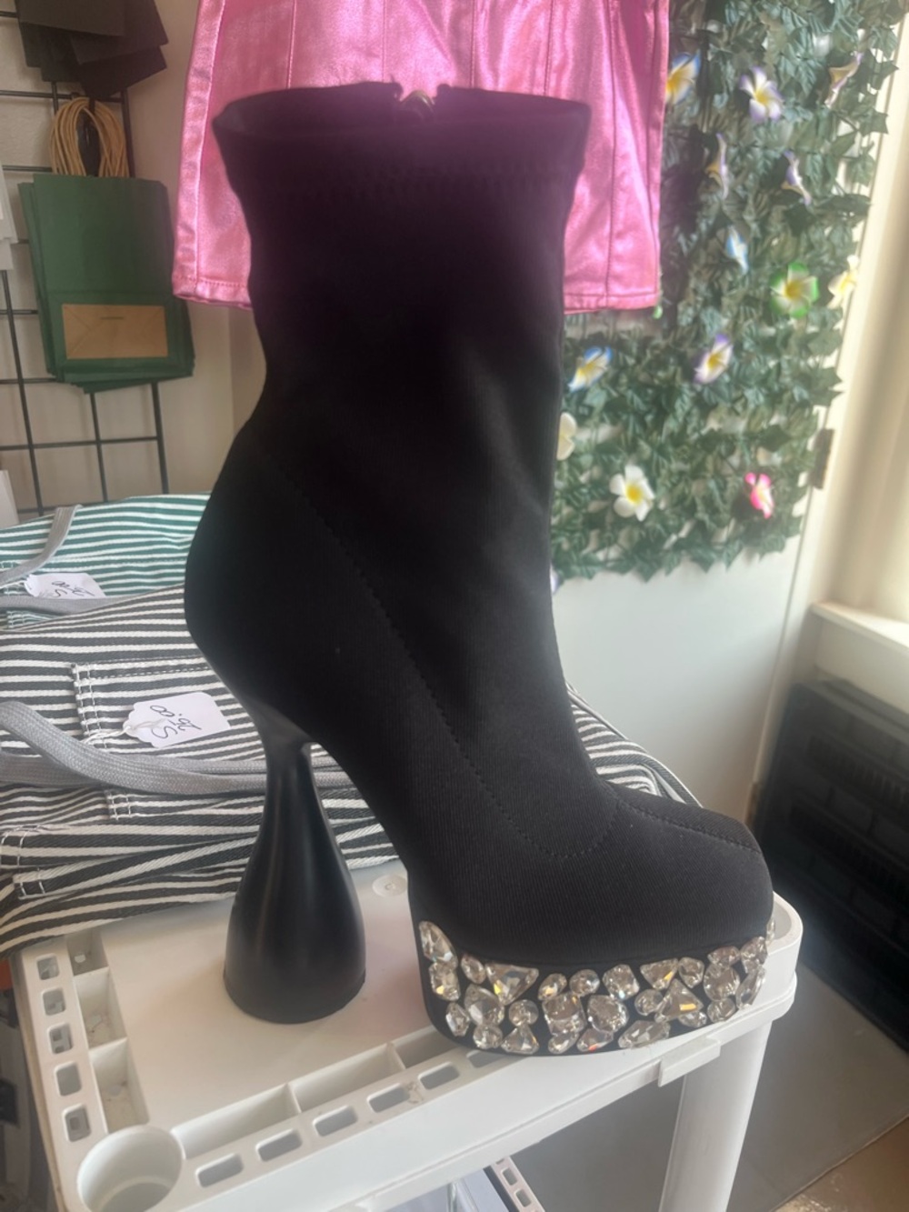Black Crystal-Trim Platform Sock Boot with Sculpted Heel